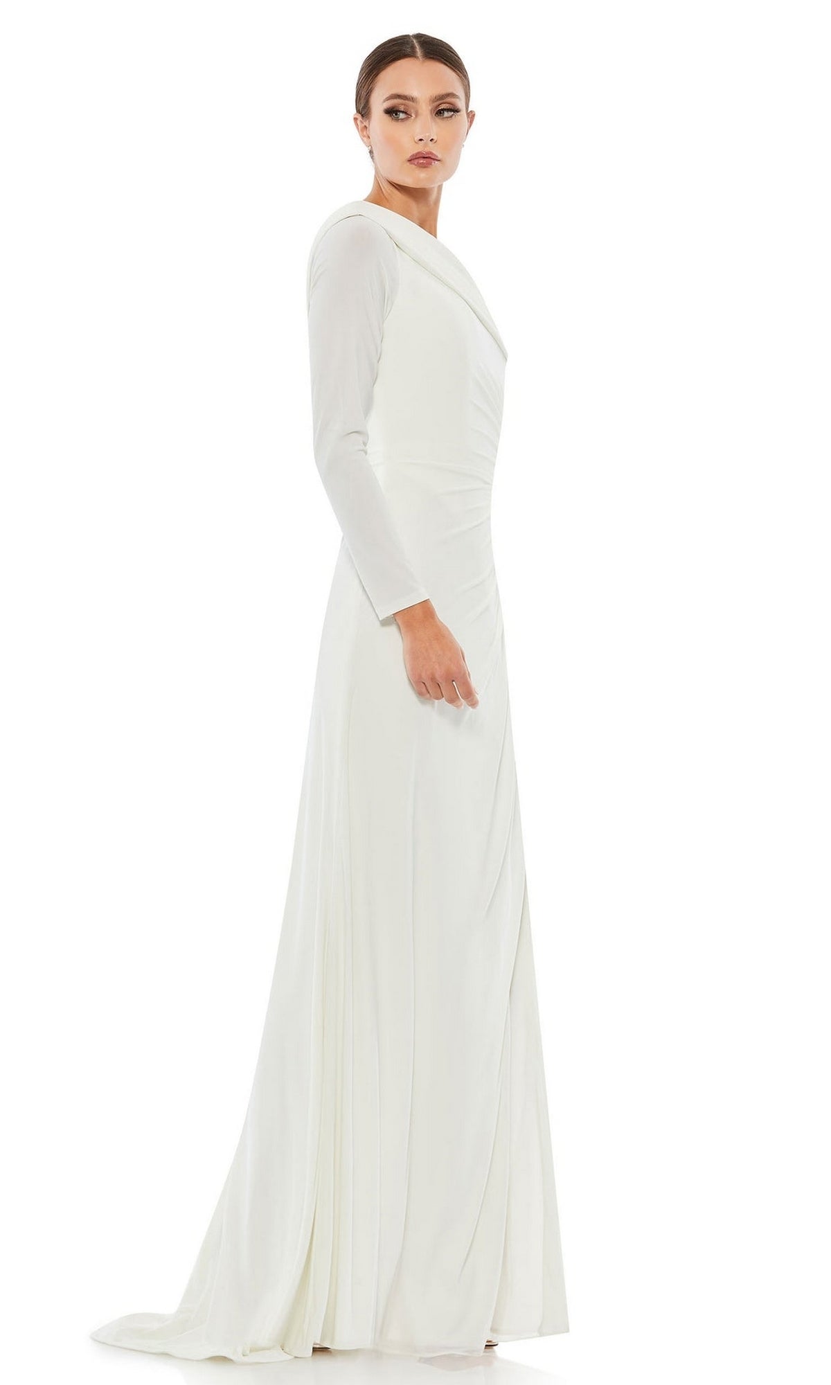 A woman models the Mac Duggal 26570 drop-shoulder long formal dress, standing against a plain white background and facing slightly to the side.